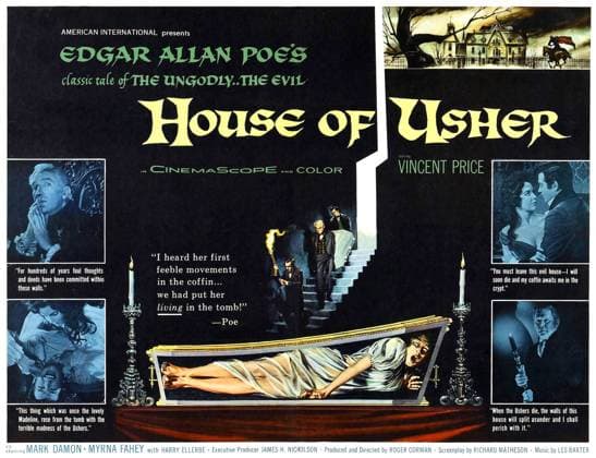 HOUSE OF USHER, (aka THE FALL OF THE HOUSE OF USHER), top left: Vincent Price; bottom left, from top: Myrna Fahey, Mark Damon; top right, from left: Myrna Fahey, Mark Damon; bottom right: Harry Ellerbe; half-sheet poster, 1960. Courtesy Everett Collection !ACHTUNG AUFNAHMEDATUM GESCHÃ„TZT! PUBLICATIONXNOTxINxCANxCHNxFRAxITAxJPNxNORxPOLxRUSxESPxUKxUSA Copyright: xCourtesyxEverettxCollectionx MCDHOOF EC356