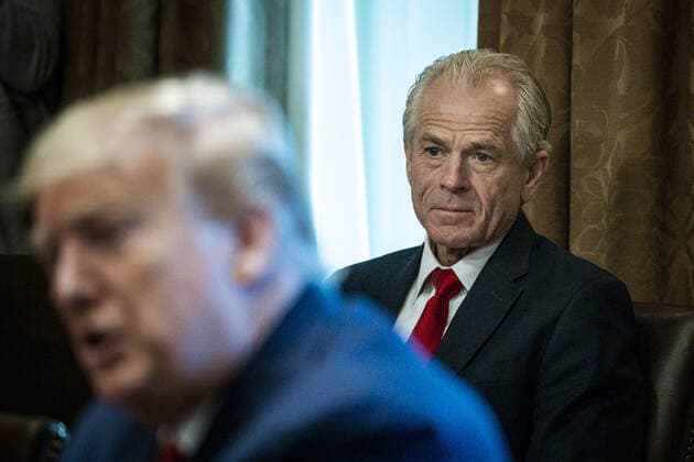 Director of the National Trade Council Peter Navarro looks on as President Donald Trump meets with supply chain distributors in reference to the COVID-19 coronavirus pandemic, in the Cabinet Room in the West Wing at the White House in Washington, DC on Sunday, March 29, 2020. Pool photo by Pete Marovich  WAX20200329234 PETExMAROVICH