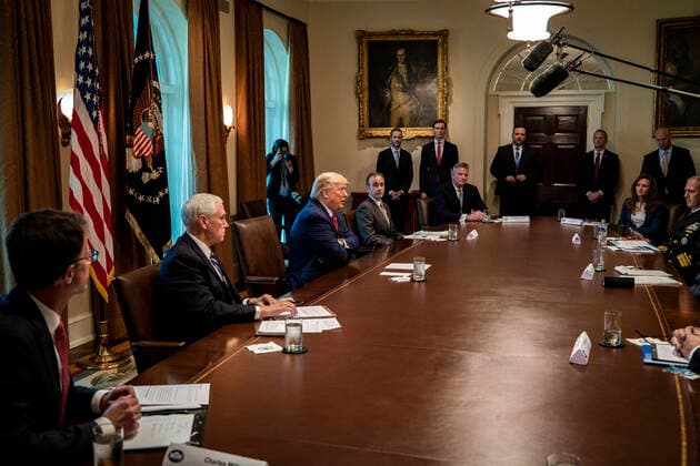 March 29, 2020, Washington, District of Columbia, USA: United States President Donald J. Trump meets with supply chain distributors in reference to the COVID-19 coronavirus pandemic, in the Cabinet Room in the West Wing at the White House on Sunday, March 29, 2020. .Credit: Pool via CNP Washington USA - ZUMAs152 20200329_zaa_s152_084 Copyright: xPetexMarovichx