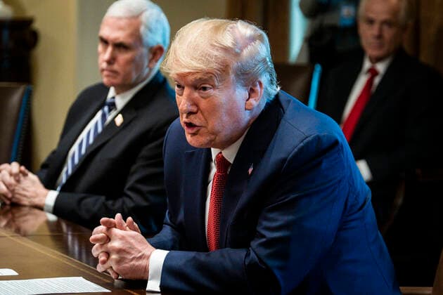 United States President Donald J. Trump meets with supply chain distributors in reference to the COVID-19 coronavirus pandemic, in the Cabinet Room in the West Wing at the White House on Sunday, March 29, 2020. Copyright: xPetexMarovichx