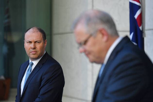 SCOTT MORRISON PRESSER, Treasurer Josh Frydenberg and Prime Minister Scott Morrison announce the government s $130b wage subsidy package at a press conference at Parliament House in Canberra, Monday, March 30, 2020. ( NO ARCHIVING, EDITORIAL USE ONLY, NO USE IN BOOKS WITHOUT CONSENT Canberra ACT AUSTRALIA  Copyright: xMICKxTSIKASx 20200330001460809838
