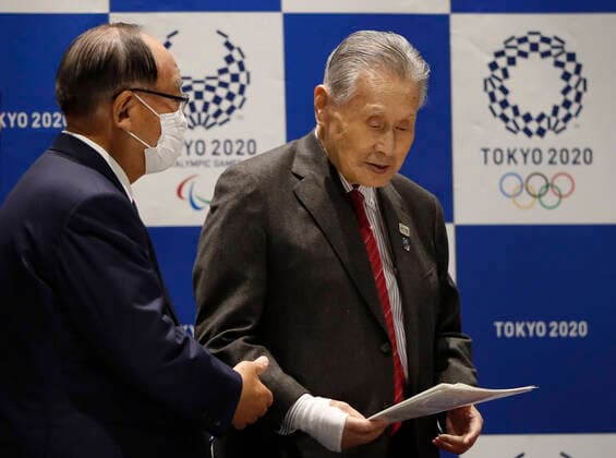 March 30, 2020, Tokyo, Japan: Yoshiro Mori, President of the Tokyo 2020 Olympic Games Organising Committee, talks with Honory President Fujio Mitarai wearing a protective face masks following an outbreak of the coronavirus disease (COVID-19), upon his arrival at Tokyo 2020 Executive Board Meeting in Tokyo, Japan March 30, 2020. REUTERS Issei Kato Pool Tokyo Japan. - ZUMAz114 20200330_zih_z114_004 Copyright: xPOOLx