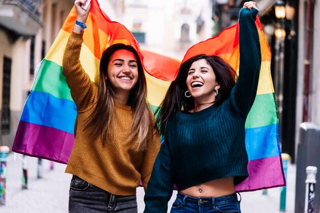 Lovely lesbian couple celebrating Pride Day. LGBT Concept. Madrid, Community of Madrid, Spain ,model released, Symbolfoto CR_DAES200306-320639-01