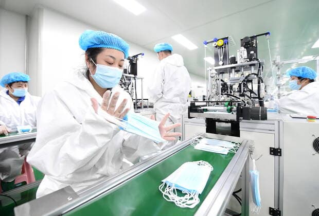 (200330) -- TANGSHAN, March 30, 2020 -- Staff work at a medical mask production workshop in Tangshan, north China s Hebei Province, March 30, 2020. Approved by local authorities, an equipment manufacturing enterprise in Tangshan has set up a facial mask production company to ensure the supply of facial masks during the fight against the novel coronavirus epidemic. ) CHINA-HEBEI-TANGSHAN-COVID-19-FACIAL MASKS-PRODUCTION (CN) YangxShiyao 