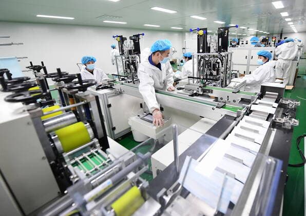 (200330) -- TANGSHAN, March 30, 2020 -- Staff work at a medical mask production workshop in Tangshan, north China s Hebei Province, March 30, 2020. Approved by local authorities, an equipment manufacturing enterprise in Tangshan has set up a facial mask production company to ensure the supply of facial masks during the fight against the novel coronavirus epidemic. ) CHINA-HEBEI-TANGSHAN-COVID-19-FACIAL MASKS-PRODUCTION (CN) YangxShiyao 