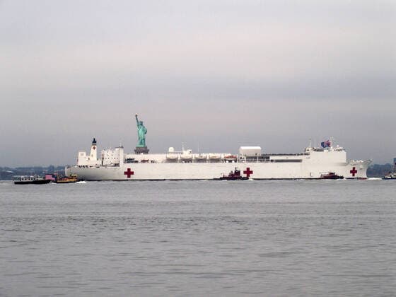 March 30, 2020, New York, New York, USA: The Hospital Ship USNS Comfort arrives in New York. USNS Comfort sail under the Verrazano Narrows bridge then proceeds to go past the Statue of Liberty to it s berth at pier 90 on the Westside of Manhattan New York USA - ZUMAct2_ 20200330_zaf_ct2_031 Copyright: xBrucexCotlerx