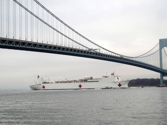 March 30, 2020, New York, New York, USA: The Hospital Ship USNS Comfort arrives in New York. USNS Comfort sail under the Verrazano Narrows bridge then proceeds to go past the Statue of Liberty to it s berth at pier 90 on the Westside of Manhattan New York USA - ZUMAct2_ 20200330_zaf_ct2_010 Copyright: xBrucexCotlerx