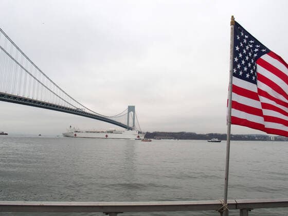 March 30, 2020, New York, New York, USA: The Hospital Ship USNS Comfort arrives in New York. USNS Comfort sail under the Verrazano Narrows bridge then proceeds to go past the Statue of Liberty to it s berth at pier 90 on the Westside of Manhattan New York USA - ZUMAct2_ 20200330_zaf_ct2_012 Copyright: xBrucexCotlerx