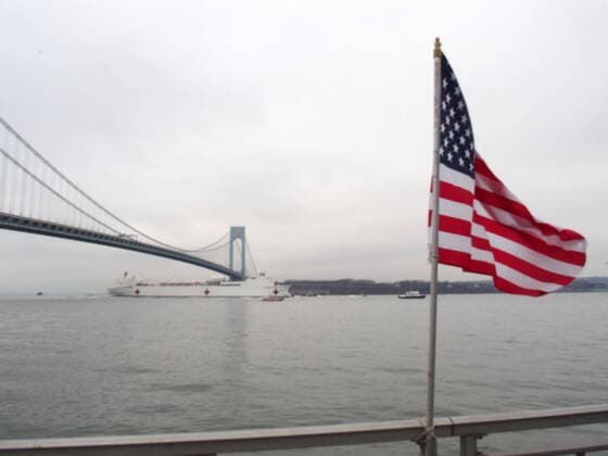 March 30, 2020, New York, New York, USA: The Hospital Ship USNS Comfort arrives in New York. USNS Comfort sail under the Verrazano Narrows bridge then proceeds to go past the Statue of Liberty to it s berth at pier 90 on the Westside of Manhattan New York USA - ZUMAct2_ 20200330_zaf_ct2_014 Copyright: xBrucexCotlerx