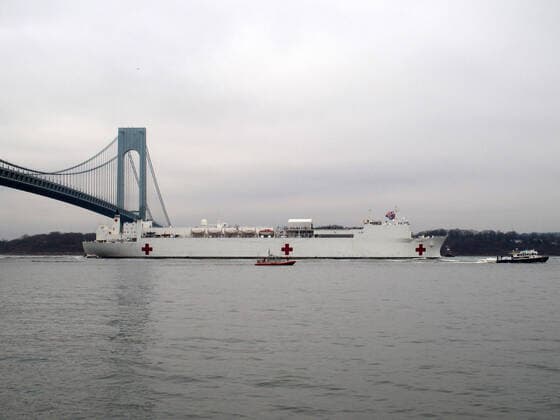 March 30, 2020, New York, New York, USA: The Hospital Ship USNS Comfort arrives in New York. USNS Comfort sail under the Verrazano Narrows bridge then proceeds to go past the Statue of Liberty to it s berth at pier 90 on the Westside of Manhattan New York USA - ZUMAct2_ 20200330_zaf_ct2_017 Copyright: xBrucexCotlerx