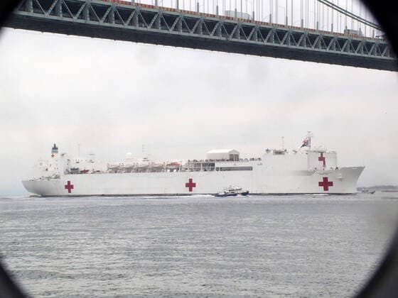 March 30, 2020, New York, New York, USA: The Hospital Ship USNS Comfort arrives in New York. USNS Comfort sail under the Verrazano Narrows bridge then proceeds to go past the Statue of Liberty to it s berth at pier 90 on the Westside of Manhattan New York USA - ZUMAct2_ 20200330_zaf_ct2_047 Copyright: xBrucexCotlerx