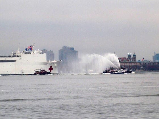 March 30, 2020, New York, New York, USA: The Hospital Ship USNS Comfort arrives in New York. USNS Comfort sail under the Verrazano Narrows bridge then proceeds to go past the Statue of Liberty to it s berth at pier 90 on the Westside of Manhattan New York USA - ZUMAct2_ 20200330_zaf_ct2_049 Copyright: xBrucexCotlerx