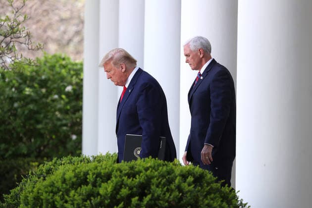 US President Donald J. Trump (L) and US Vice President Mike Pence (R) arrive before the start of a press briefing by the Coronavirus Task Force on the coronavirus and COVID-19 pandemic, in the Rose Garden at the White House, in Washington, DC, USA, 30 March 2020. Copyright: xMichaelxReynoldsx