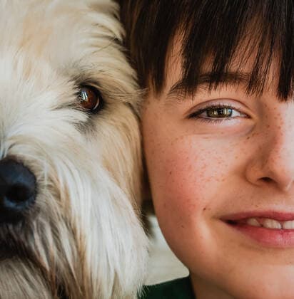 Close up of half of the faces of boy and his dog with heads together. Kingston, ON, Canada ,model released, Symbolfoto CR_DOHO200326N-324193-01