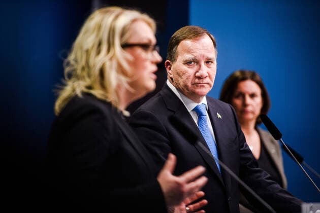 200331 Lena Hallengren, Minister for Health and Social Affairs, Stefan Löfven, Prime Minister and Isabella Lövin, Minister for Environment and Climate, and Deputy Prime Minister of Sweden at a press conference with the government of Sweden regarding the coronavirus, covid-19, on March 31, 2020 in Stockholm. Copyright: MAXIMxTHORE 47107453st
