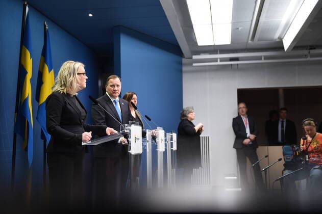 200331 Lena Hallengren, Minister for Health and Social Affairs, Stefan Löfven, Prime Minister and Isabella Lövin, Minister for Environment and Climate, and Deputy Prime Minister at a press conference with the government of Sweden regarding the coronavirus, covid-19, on March 31, 2020 in Stockholm. Copyright: MAXIMxTHORE 47107517st