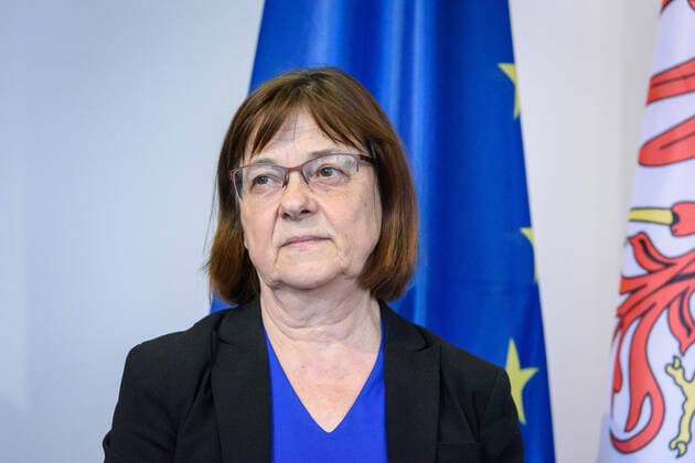 Potsdam, Pressekonferenz nach Kabinettssitzung zu Coronavirus Deutschland, Potsdam - 31.03.2020: Im Im Bild ist Ursula Nonnemacher (Gesundheitsministerin, Bündnis 90 Die Grünen) während der Pressekonferenz zu sehen. Potsdam Staatskanzlei Potsdam Brandenburg Deutschland