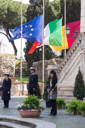 Mayor of Rome, Virginia Raggi, in Piazza del Campidoglio, recalled victims of Covid-19 pandemic with a minute s silence. (Photo by Matteo Nardone Pacific Press) Rome: Virginia Raggi remembers victims of Covid-19