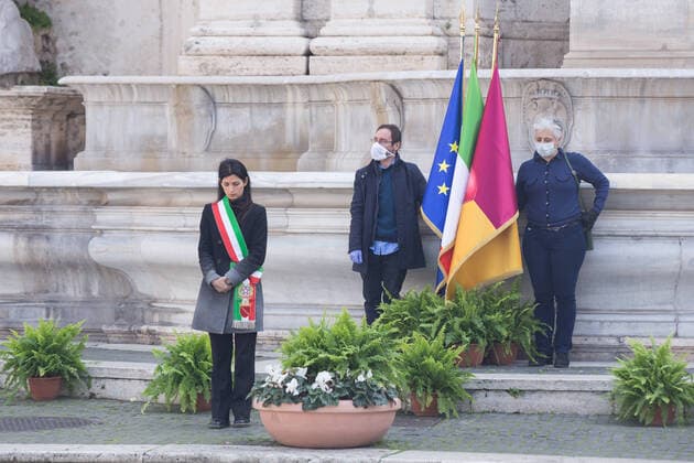 Mayor of Rome, Virginia Raggi, in Piazza del Campidoglio, recalled victims of Covid-19 pandemic with a minute s silence. (Photo by Matteo Nardone Pacific Press) Rome: Virginia Raggi remembers victims of Covid-19