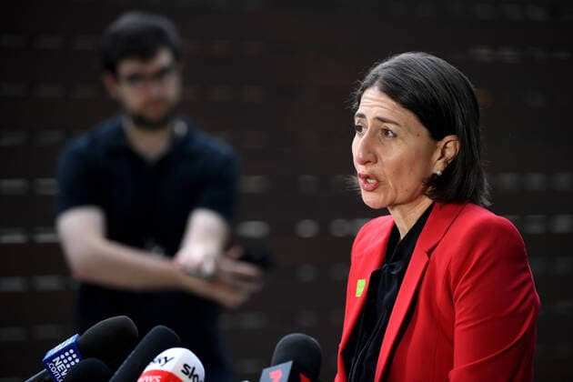 GLADYS BEREJIKLIAN CORONAVIRUS PRESSER, NSW Premier Gladys Berejiklian speaks to the media during a press conference outside the RFS Headquarters in Sydney, Wednesday, April 1, 2020. ( NO ARCHIVING, EDITORIAL USE ONLY, NO USE IN BOOKS WITHOUT CONSENT SYDNEY NSW AUSTRALIA  Copyright: xJOELxCARRETTx 20200401001461125420