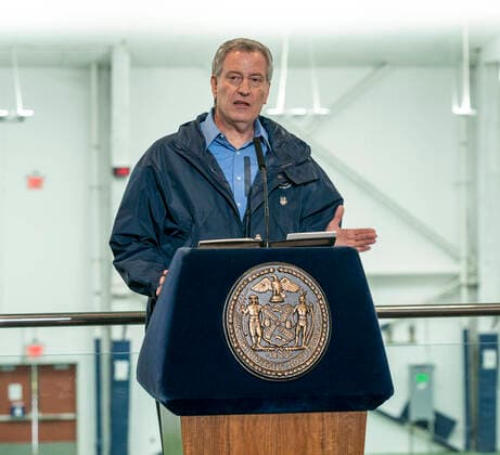 Mayor tours and speaks at USTA Tennis Center NYC mayor Bill de Blasio holds media availability at Billie Jean King National Tennis Center where 350-bed temporary hospital will be built New York New York United States Copyright: LevxRadin