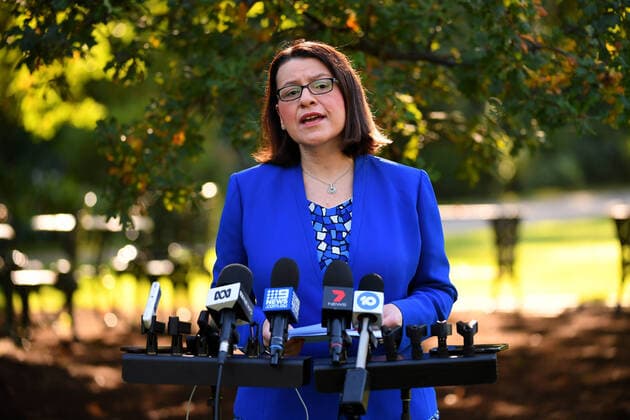 DANIEL ANDREWS CORONAVIRUS PRESSER, Victorian Minister for Health Jenny Mikakos addresses the media during a press conference in Melbourne, Wednesday, April 1, 2020. Andrews has provided an update on Coronavirus cases throughout Victoria, which have risen to 968 after another 51 people were diagnosed with COVID-19 overnight. ( NO ARCHIVING, EDITORIAL USE ONLY, NO USE IN BOOKS WITHOUT CONSENT MELBOURNE VICTORIA AUSTRALIA  Copyright: xJAMESxROSSx 20200401001461136124