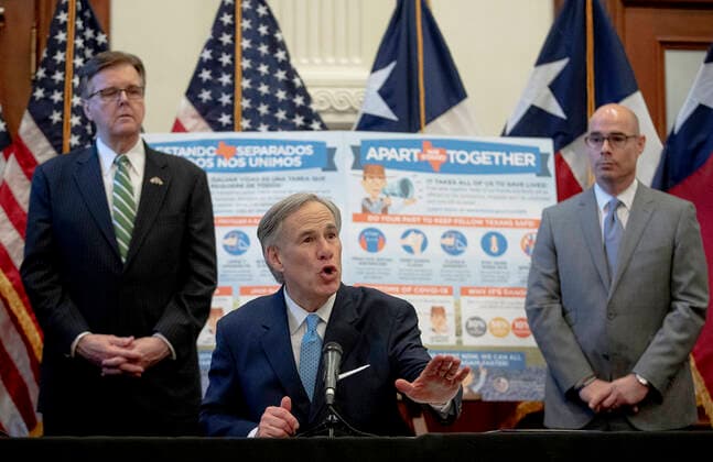 March 31, 2020, Austin, Texas, USA: Texas Gov. Greg Abbott, flanked by Lt. Gov. Dan Patrick, left, and House Speaker Dennis Bonnen, speaks during a press conference at the state Capitol about the state s response to the coronavirus. Austin USA - ZUMAd150 20200331_znp_d150_004 Copyright: xBobxDaemmrichx