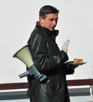PXL_Borut Pahor 31.03.2020., Logatec, Slovenia - Slovenian President Borut Pahor visits the nursing home wearing gloves and megaphone SiniÅ¡axRanÄovx BOBO