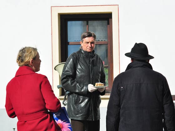 PXL_Borut Pahor 31.03.2020., Logatec, Slovenia - Slovenian President Borut Pahor visits the nursing home wearing gloves and megaphone SiniÅ¡axRanÄovx BOBO
