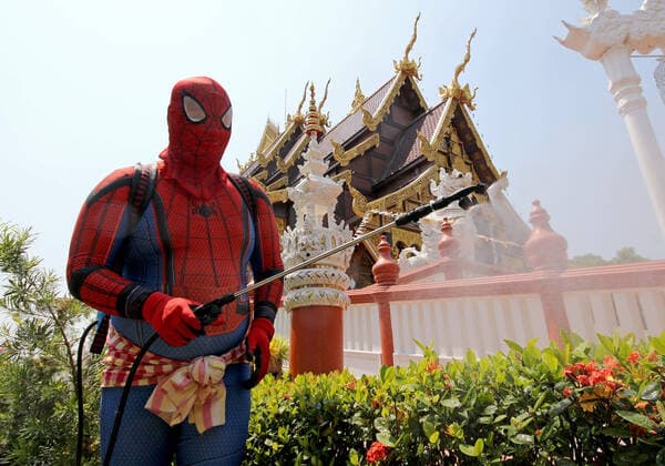 April 1, 2020, Bangkok, Thailand: Thai official dresses in Spiderman costumes spray disinfectant during a precaution against Coronavirus Covid-19 at Tha Mai temple suburb of Bangkok on April 01, 2020. Globally, the virus has now infected more than 861,261 people and killed at least 42,387. Bangkok Thailand - ZUMAu103 20200401_zia_u103_002 Copyright: xUrdeexImagex