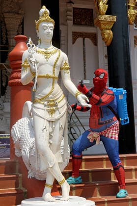 April 1, 2020, Bangkok, Thailand: Thai official dresses in Spiderman costumes spray disinfectant during a precaution against Coronavirus Covid-19 at Tha Mai temple suburb of Bangkok on April 01, 2020. Globally, the virus has now infected more than 861,261 people and killed at least 42,387. Bangkok Thailand - ZUMAu103 20200401_zia_u103_007 Copyright: xUrdeexImagex