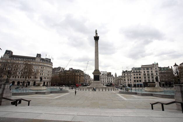 Day Nine of Lockdown in London. An almost deserted Trafalgar Square as the country is on lockdown due to the COVID-19 Coronavirus pandemic. People are not allowed to leave home except for minimal food shopping, medical treatment, exercise - once a day, and essential work. COVID-19 Coronavirus lockdown, London, UK, on April 1, 2020 