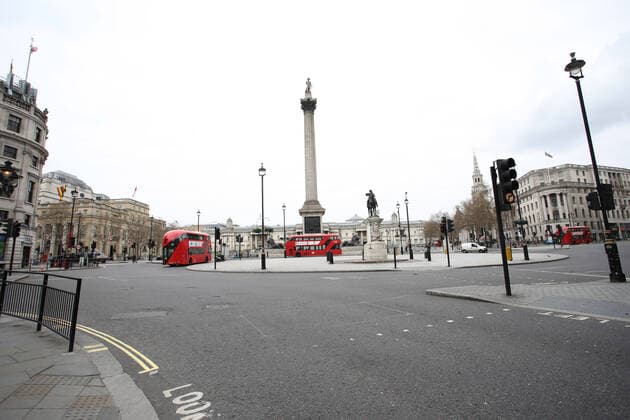 Day Nine of Lockdown in London. An almost deserted Trafalgar Square as the country is on lockdown due to the COVID-19 Coronavirus pandemic. People are not allowed to leave home except for minimal food shopping, medical treatment, exercise - once a day, and essential work. COVID-19 Coronavirus lockdown, London, UK, on April 1, 2020 