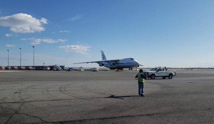 NEW YORK CITY, USA - APRIL 1, 2020: A Russian Aerospace Forces plane carrying medical equipment has landed at John F. Kennedy International Airport. Russian President Vladimir Putin and US President Donald Trump discussed the details on the phone on March 30, 2020, Russia offered help amid the coronavirus situation in the USA. The Press Office of the Permanent Mission of the Russian Federation to the United Nations TASS  TS0D425B