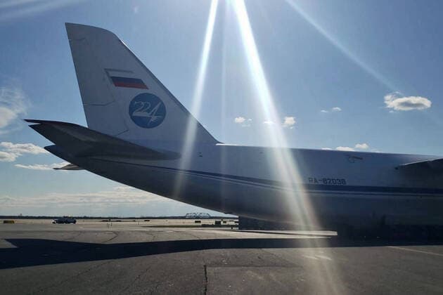 NEW YORK CITY, USA - APRIL 1, 2020: A Russian Aerospace Forces plane carrying medical equipment has landed at John F. Kennedy International Airport. Russian President Vladimir Putin and US President Donald Trump discussed the details on the phone on March 30, 2020, Russia offered help amid the coronavirus situation in the USA. The Press Office of the Permanent Mission of the Russian Federation to the United Nations TASS  TS0D425C