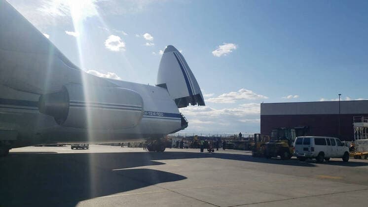 NEW YORK CITY, USA - APRIL 1, 2020: A Russian Aerospace Forces plane carrying medical equipment has landed at John F. Kennedy International Airport. Russian President Vladimir Putin and US President Donald Trump discussed the details on the phone on March 30, 2020, Russia offered help amid the coronavirus situation in the USA. The Press Office of the Permanent Mission of the Russian Federation to the United Nations TASS  TS0D425E