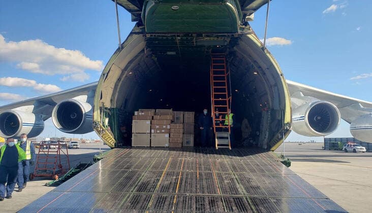 NEW YORK CITY, USA - APRIL 1, 2020: A Russian Aerospace Forces plane carrying medical equipment has landed at John F. Kennedy International Airport. Russian President Vladimir Putin and US President Donald Trump discussed the details on the phone on March 30, 2020, Russia offered help amid the coronavirus situation in the USA. The Press Office of the Permanent Mission of the Russian Federation to the United Nations TASS  TS0D425F