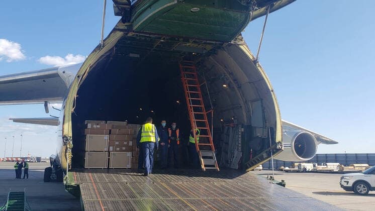 NEW YORK CITY, USA - APRIL 1, 2020: A Russian Aerospace Forces plane carrying medical equipment has landed at John F. Kennedy International Airport. Russian President Vladimir Putin and US President Donald Trump discussed the details on the phone on March 30, 2020, Russia offered help amid the coronavirus situation in the USA. The Press Office of the Permanent Mission of the Russian Federation to the United Nations TASS  TS0D4260