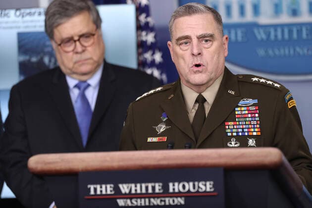 April 1, 2020, Washington, District of Columbia, USA: United States Army General Mark A. Milley, Chairman of the Joint Chiefs of Staff speaks during a press conference in the Brady Press Briefing Room of the White House on April 1, 2020 in Washington, DC. Looking on at left is US Attorney General William P. Barr Washington USA - ZUMAs152 20200401_zaa_s152_007 Copyright: xOliverxContrerasx