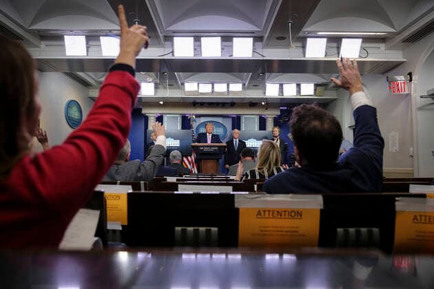 April 1, 2020, Washington, District of Columbia, USA: United States President Donald J. Trump speaks during a daily briefing on the novel coronavirus, COVID-19 with members of the coronavirus task force in the Brady Press Briefing Room of the White House on April 1, 2020 in Washington, DC Washington USA - ZUMAs152 20200401_zaa_s152_046 Copyright: xOliverxContrerasx