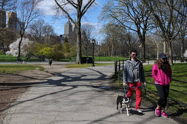 200401 A couple wearing masks when walking in Central Park as the coronavirus, COVID-19, outbreak continues on April 1, 2020 in New York, NY, USA. Across the city businesses, schools and places of work have been shutting down, leading to empty streets and quiet neighborhoods. Photo: Joel Marklund BILDBYRAN kod JM 88128 bbeng coronavirus covid-19 virus corona sjukdom Copyright: JOELxMARKLUND 47112324st