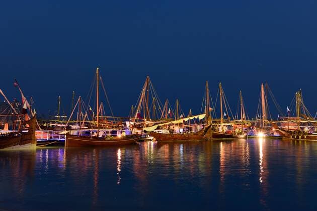 General view of Dhows at night, Katara Traditional Dhow Festival, Doha, Qatar.  Copyright: xSylviexVanxRoey arabianEyex SV59811