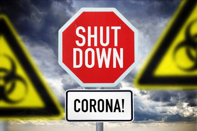 FOTOMONTAGE, Schild mit der Aufschrift Shutdown und BiogefÃ¤hrdungsschilder, Symbolfoto Corona-Shutdown