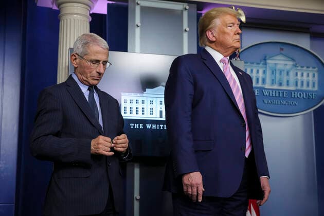 United States President Donald J. Trump and Director of the National Institute of Allergy and Infectious Diseases at the National Institutes of Health Dr. Anthony Fauci attend the daily briefing on the novel coronavirus, COVID-19 with members of the coronavirus task force in the Brady Press Briefing Room of the White House on April 1, 2020 in Washington, DC. Copyright: xOliverxContrerasx