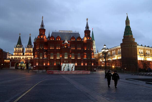 MOSCOW, RUSSIA - APRIL 2, 2020: A view of the State Historical Museum in Red Square deserted due to a home isolation order declared for Moscow residents of all ages to restrict movement within the city and reduce the risk of contagion, effective since March 30, 2020, as a measure to contain the spread of the COVID-19 coronavirus infection. Violations of the stay-at-home order carry fines ranging from 15,000 to 40,000 rubles for non-infected people, and up to 1m rubles or imprisonment for up to 3 years for infected people, depending on the severity of consequences. Stanislav Krasilnikov TASS  TS0D43F2