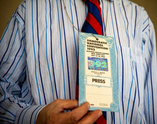 Democratic National Convention date moved A man wears his Democratic National Convention press identification from the 1992 convention, held in New York in this photo illustration on Thursday, April 2, 2020. The DNC has announced that it has pushed the 2020 Milwaukee convention to the week of August 17. (  FrancesxM.xRoberts