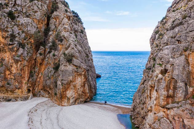 Spain, Balearic Islands, Sa Calobra, Drone view of seaside end of Torrent de Pareis gorge  SIEF09611