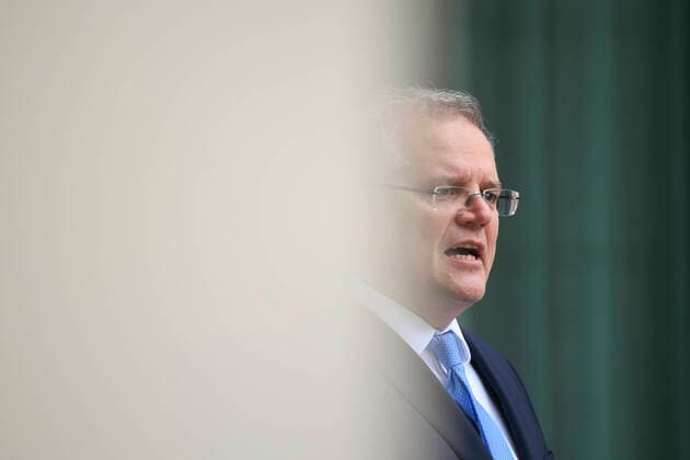 SCOTT MORRISON CORONAVIRUS UPDATE, Australian Prime Minister Scott Morrison speaks to the media during a press conference at Parliament House in Canberra, Friday, April 3, 2020. ( NO ARCHIVING, EDITORIAL USE ONLY, NO USE IN BOOKS WITHOUT CONSENT CANBERRA ACT AUSTRALIA  Copyright: xLUKASxCOCHx 20200403001461580816