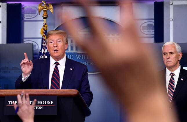 United States President Donald J. Trump, joined by Vice President Mike Pence delivers remarks at a Coronavirus briefing at the White House on Thursday, April 2, 2020 in Washington, DC. Due to the COVID-19 pandemic, at least 5,700 people have died in the United States with more than 200,000 infected. More than 10 million people have lost their jobs in the U.S. in the past two weeks. Copyright: xKevinxDietschx