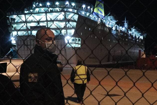 April 2, 2020, Piraeus, Greece: Health authorities monitoring the 383 passengers and crew on a ferry that is in quarantine off the coast of Piraeus said that the number of confirmed Covid-19 cases on board the vessel has jumped to at least 120 from an initial 20..The Greek-owned Eleftherios Venizelos has a crew of 34 people and an international passenger list of 349 shipyard workers who were turned back from a Turkish-backed cruise ship project in Spain when the coronavirus epidemic broke out there, before stopping at Piraeus last week on their way to Turkey, according to some reports. Other reports suggested that the ship was sailing from Turkey to Spain when it stopped at Piraeus on March 22 after two passengers became ill. Piraeus Greece - ZUMAe114 20200402_zaa_e114_004 Copyright: xEurokinissix